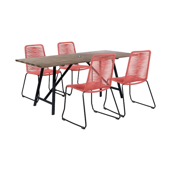 Armen Living Koala and Shasta 5 Piece Outdoor Patio Dining Set in Light Eucalyptus Wood and Brick Red Rope 840254336391 - main